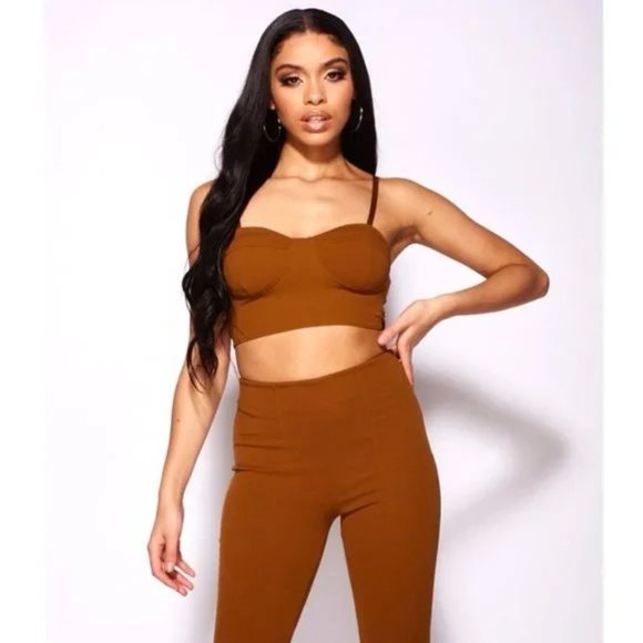 Brown Sleeveless Crop Top and High Waist Flare Pants Two Piece Set - Picture 2 of 12